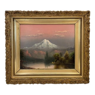 Antique American Realist Oil Painting Landscape Mount Hood at Sunset Oregon by Eliza Barchus, 1900 For Sale