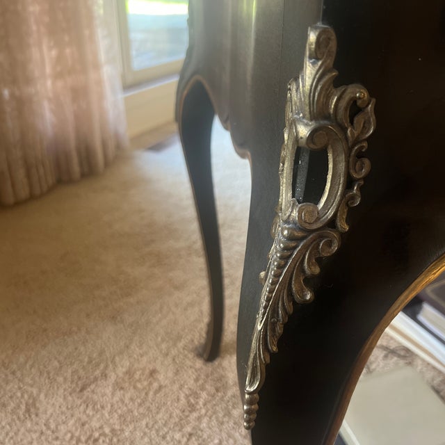 John Widdicomb Louis XV Style Ebonized Desk and Chair With Tooled Leather Top, 1950s For Sale - Image 10 of 12