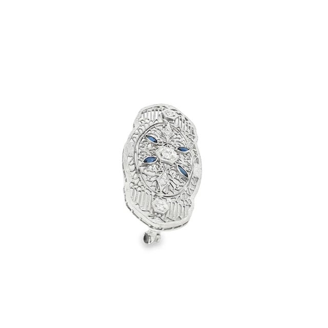 Modern Late 20th Century Depression Filigree Diamond and Synthetic Sapphire 14k White Gold Pin For Sale - Image 3 of 3