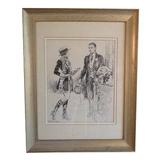 Joseph L. Kraemer - Woman in Riding Togs in Conversation With a Man Holding a Coat -Original Ink Illustration For Sale