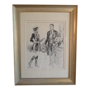 Joseph L. Kraemer - Woman in Riding Togs in Conversation With a Man Holding a Coat -Original Ink Illustration