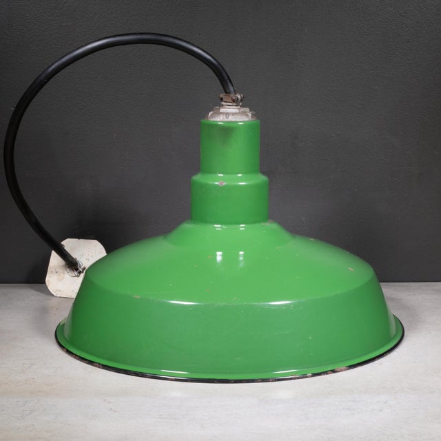 Vintage 18" Enameled Porcelain Green Industrial Pendant Lights c.1930-Set of 3 For Sale - Image 15 of 16