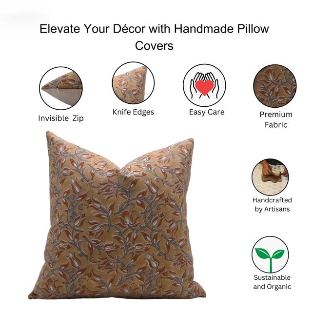 Fabdivine Floral Block Print Pillow Cover 16x16 Inch Duck Canvas-Kamal Dutta For Sale - Image 4 of 4