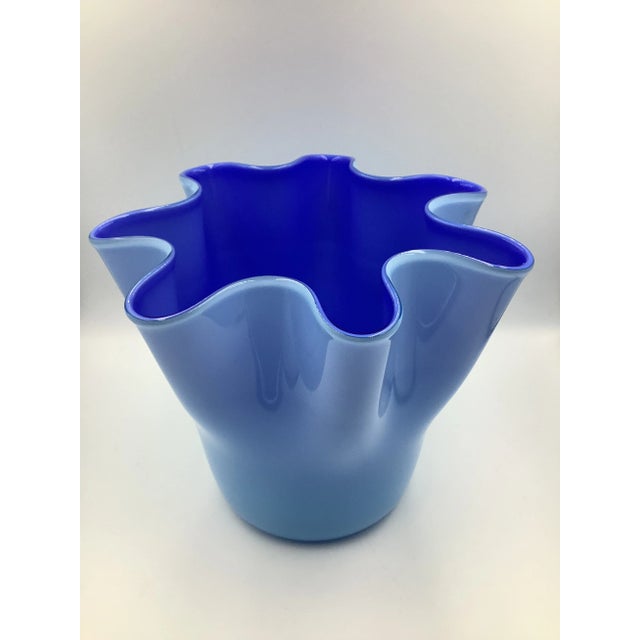 Glass Vintage Hand Blown Cased Blue Art Glass Signed Handkerchief Top Vase For Sale - Image 7 of 7