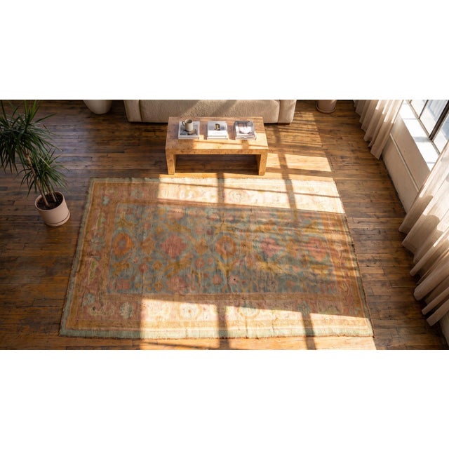 1880s Sky Blue Geometric Antique Turkish Oushak Carpet 4'10 X 8'8" Knotted Wool Rug For Sale - Image 11 of 13