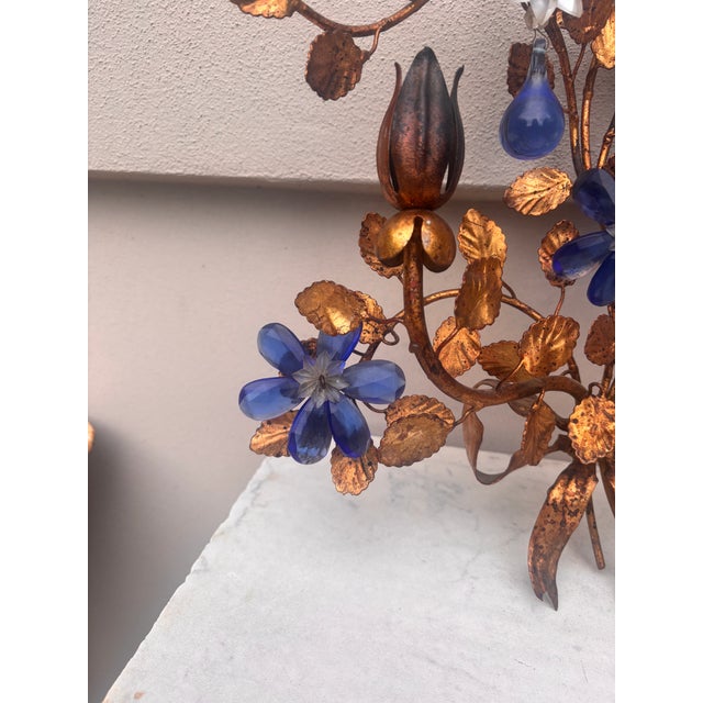1950s Large Mid-Century Pair of Tole & Crystal Leaves and Flowers Sconces For Sale - Image 5 of 8