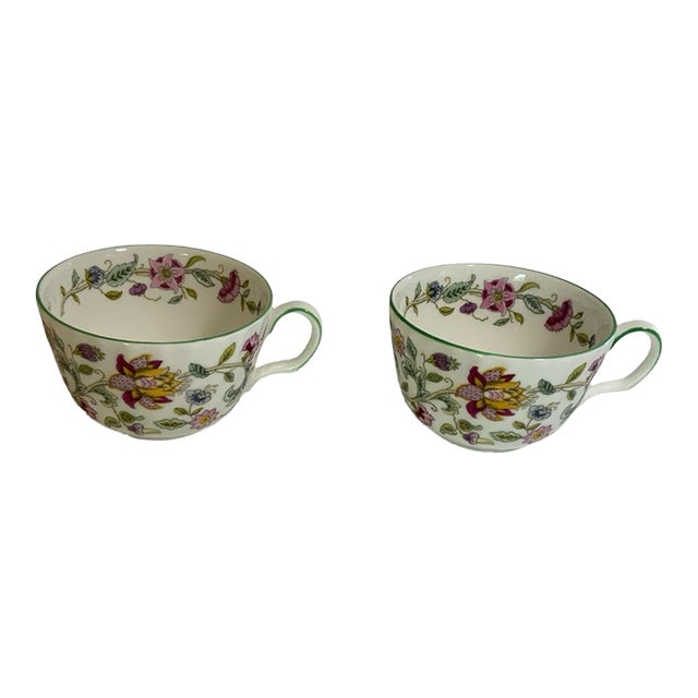 Vintage Minton Haddon Hall Flat Cups Fine Bone China Green Trim - a Pair For Sale