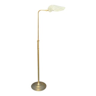 Vintage Adjustable Brass & Dove Gray Porcelain Shell Floor Lamp in the Manner of Tommaso Barbi For Sale