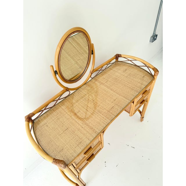 1970s Vintage Glass Top Wicker Bamboo Dressing Table with Mirror by Angraves of Leicester, 1970s For Sale - Image 5 of 14
