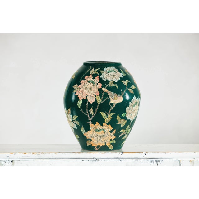 Late 20th Century Green Ceramic Vase with Birds, Butterflies, and Floral Decoration For Sale - Image 5 of 12