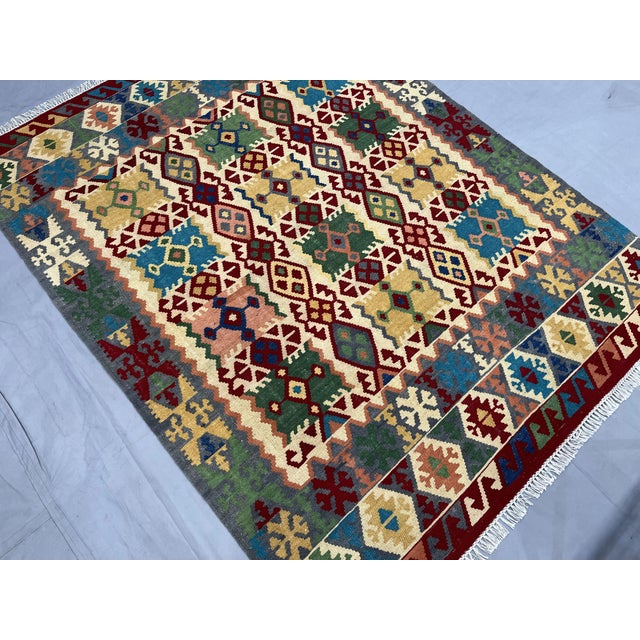 5'1" X 6'5" Multicolor Afghan Chobi Geometric Wool Flatweave Kilim Rug For Sale - Image 4 of 16