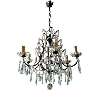 Large Louis XV Chandelier in Blue Murano Glass and White Crystal, 1950 For Sale
