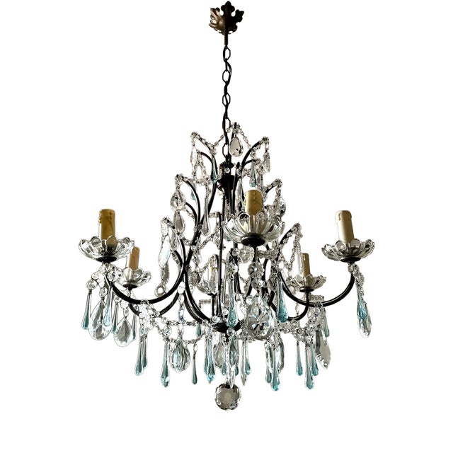Large Louis XV Chandelier in Blue Murano Glass and White Crystal, 1950 For Sale