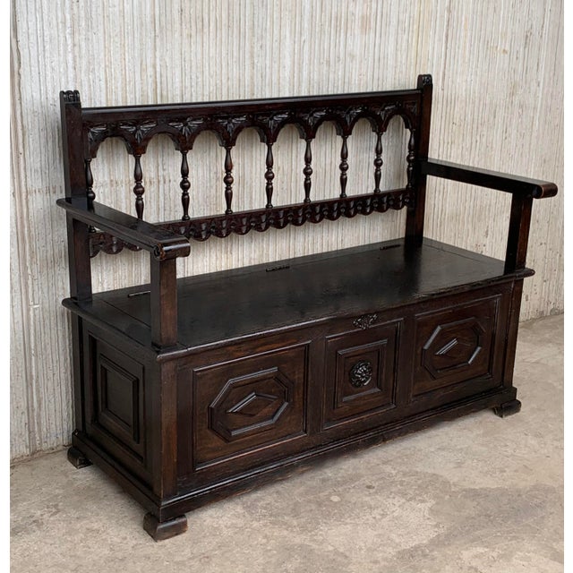 Spanish 19th Spanish Carved Hall Bench With Storage For Sale - Image 3 of 13