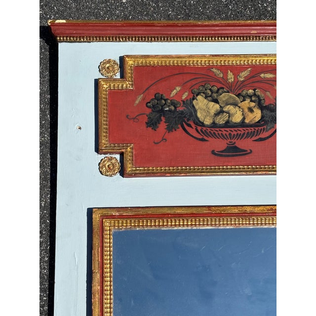 Wood Late 19th C. Trumeau Mirror - Handpainted Classical Details With Gilt Relief and Unusual Colors For Sale - Image 7 of 11