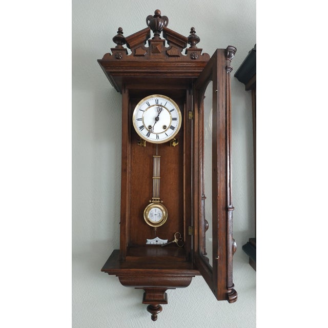 1891 Wall Clock With Pendulum and Finials, Wooden Mechanical Chiming Regulator Lenzkirch From Germany Black Forest For Sale - Image 10 of 10