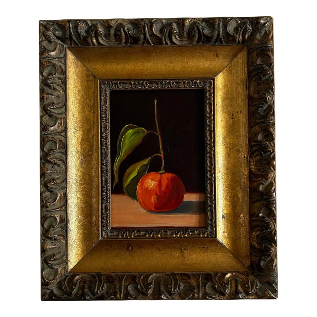 Original Realistic Oil Painting of a Mandarin Orange in Ornate Gold Frame For Sale
