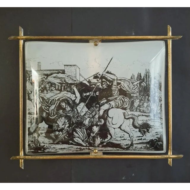 Vintage classic Italian rectangular wall light with a white glass diffuser decorated with a fight scene mounted on brass...