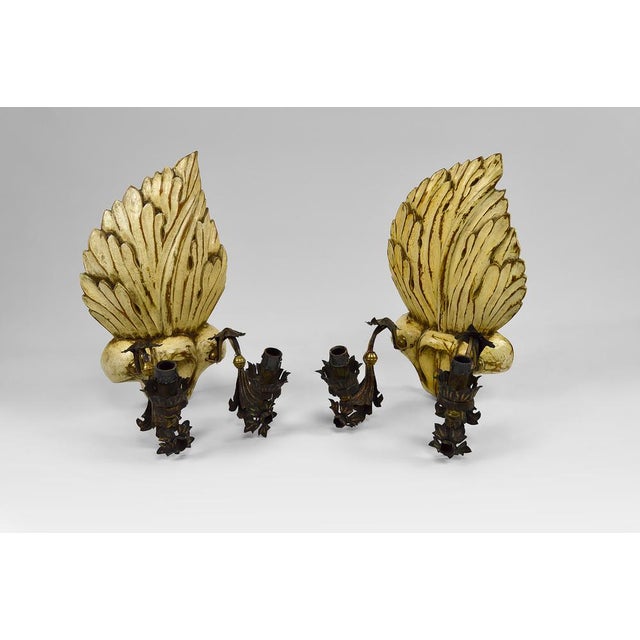 Hollywood Regency Sconces in Carved, Painted and Patinated Wood, 1950s, Set of 2 For Sale - Image 16 of 16