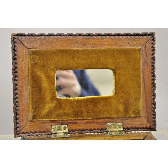 Antique Tramp Art Diamond 2 Tier Hinged Carved Wood Presentation Jewelry Box For Sale - Image 12 of 12