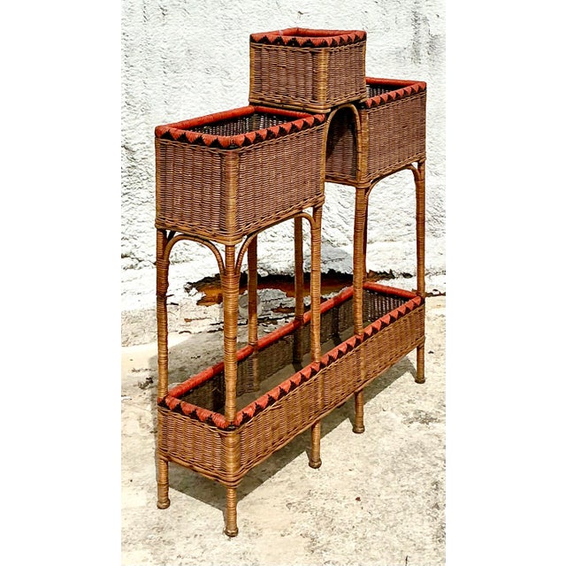 Vintage Boho Woven Rattan Plant Stand For Sale - Image 4 of 9