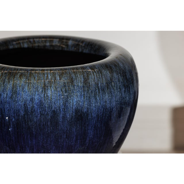 Vintage Chinese Blue-Glazed Ceramic Planter with Rounded Form and Brown Accents For Sale - Image 10 of 18