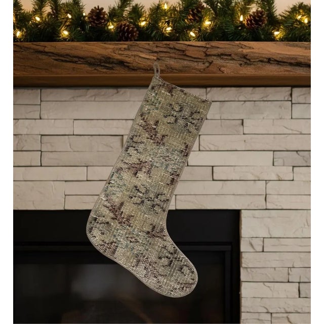 Vintage Kilim Christmas Stocking, Sage Green Handwoven Wool Boho Xmas Decor, One of a Kind Turkish Rug Stocking, Rustic Holiday Gift For Sale - Image 4 of 7