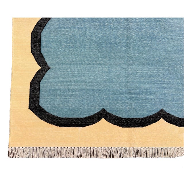 Handmade Cotton Scalloped Edge Rug, Teal Blue, Black and Cream Bordered Dhurrie- 12'x15' For Sale - Image 10 of 13