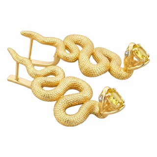 Massive Snake Earrings With Citrines in Opened Mouth, Pair For Sale