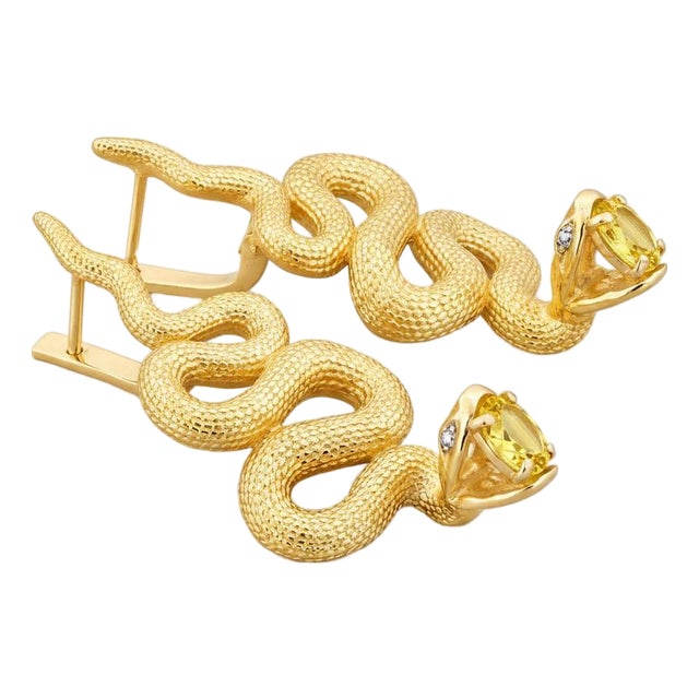 Massive Snake Earrings With Citrines in Opened Mouth, Pair For Sale