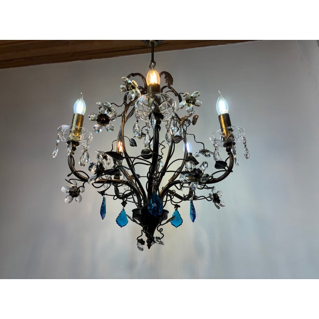 1990s Large Vintage 1990s Wrought Iron Floral Chandelier With Crystal Flowers & Aqua Blue Stones Details For Sale - Image 5 of 17
