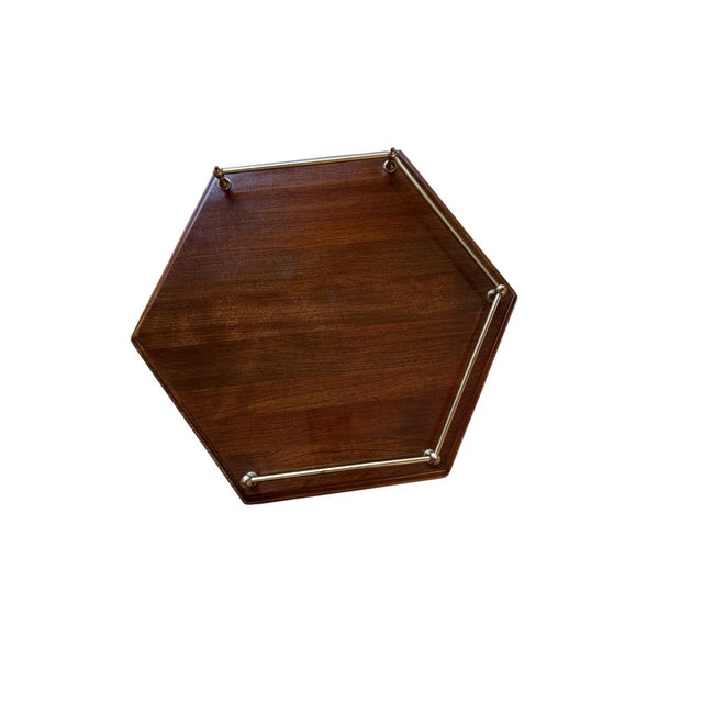 Vintage Ethan Allen Georgian Court Hexagon Side Table With Brass Rail This six-sided wood drinks side table with a dark...