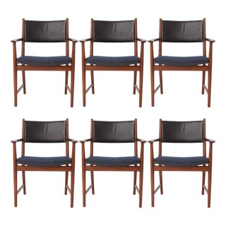 Mid-Century Modern Teak Leather Back Armchairs by Kai Lyngfeldt Larsen for Vejen Denmark, 1960s, Set of 6 For Sale