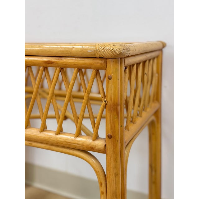 Beige Vintage Coastal Wicker Rattan Console Table Woven Lattice Glass Top Beige Boho For Sale - Image 8 of 14