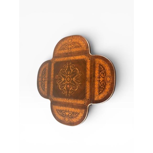 Early 20th Century Antique Napoleon III Style Marquetry Clover Form Expandable Occasional Table by Pitkin & Brooks, Chicago For Sale - Image 5 of 17