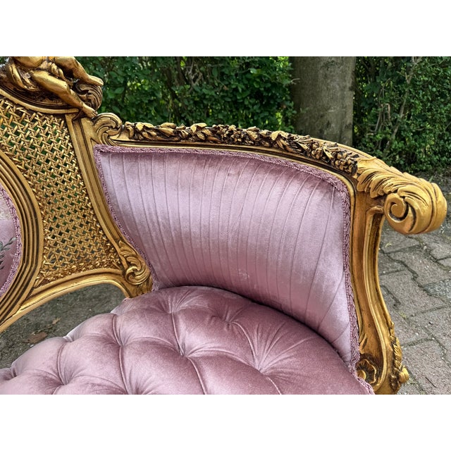 French 1940 French Louis XVI Gold Beech Rose Velvet Settee For Sale - Image 3 of 18