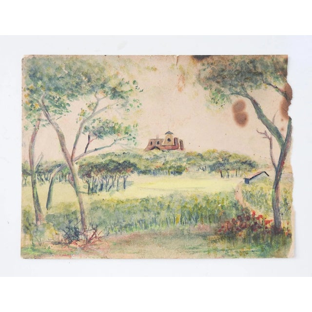 Antique circa 1910 watercolor on paper landscape and manor house study painting. Unsigned. Unframed, edge losses, brown spots