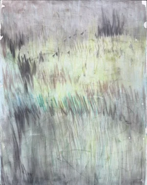 In the Haze 16*20 Original Pastel Painting Monoprint by Carrie Bergey - Brown Umber Green Teal