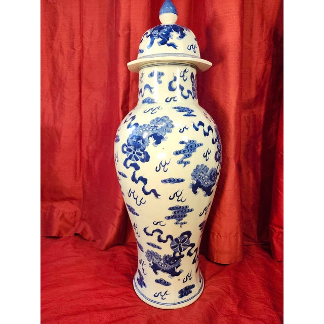 18th Century 24" Shishi Qilin Blue and White Temple Urn Tribute - 24" For Sale - Image 13 of 18
