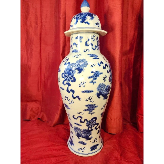 Final Clearance 19th Century 24" Shishi Qilin Blue and White Temple Urn Tribute - 24" For Sale - Image 13 of 18
