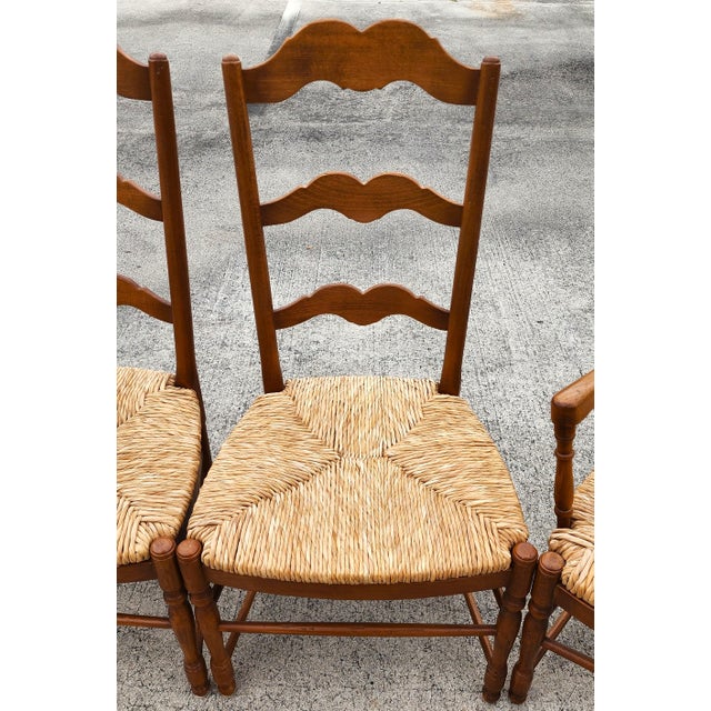 French Country Vintage Ladder Back Rush Seat Dining Chairs Set of 4 For Sale - Image 3 of 12