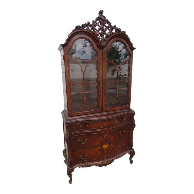Early 1900s Homer Bros Tall Carved Inlay China Display Cabinet Cupboard 6136 For Sale