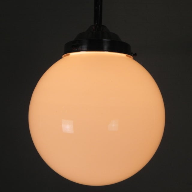 Silver Art Deco Pendant Lamp with Opaline Glass Globe, 1930s For Sale - Image 8 of 12