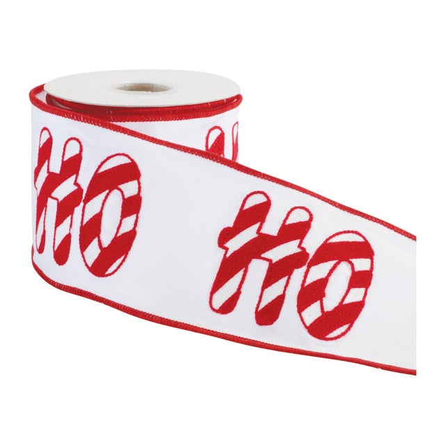 Sweeten up your holiday décor with this playful red and white HO HO HO candy cane wired ribbon! Featuring bold lettering...