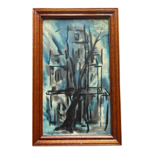 Antique 1956 Abstract Oil Painting on Canvas of a Victorian House Signed Lou-Ray