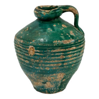 Antique Distressed Terra Cotta Green Glazed Water Vessel or Oil Jug For Sale
