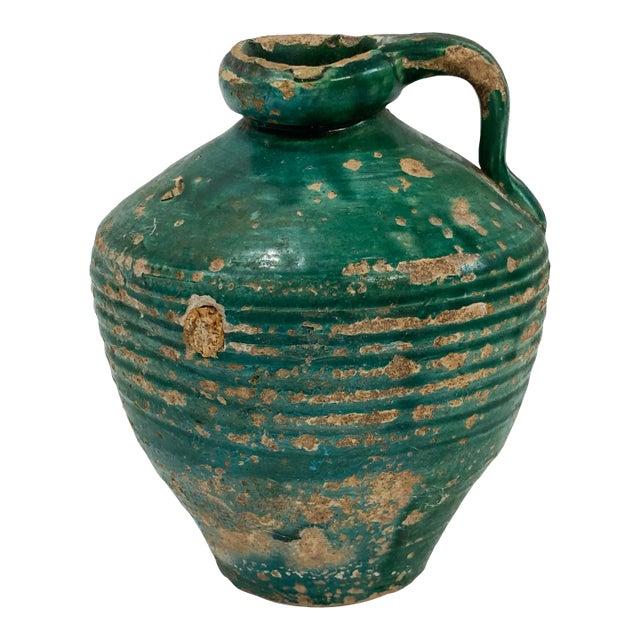 Antique Distressed Terra Cotta Green Glazed Water Vessel or Oil Jug For Sale