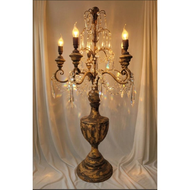 Maison Baguès Vintage French Country Gilt Candelabra Urn 5 Light Table Lamp With Crystal Prisms For Sale - Image 4 of 12