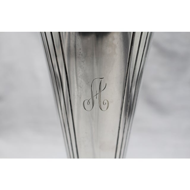 Art Deco period sterling silver rose vase, The Watson Company. Post-1910 marks. Flared body panelled & ribbed. Stepped,...