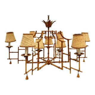 Chinoiserie Faux Bamboo Tole Metal Pagoda 9-Light Chandelier For Sale